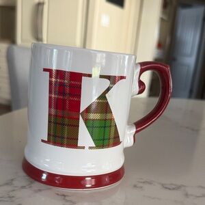 Plaid Initial 'K' Mug with Red Handle